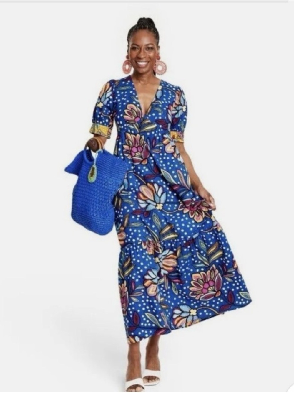 Tabitha Brown Mixed Floral Polka Dot Puff Sleeve Midi Dress